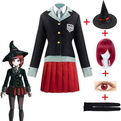 Anime Danganronpa Yumeno Himiko Full Cosplay Costume Halloween Carnival Student Uniform Cosplay Red Wig Red Contact Lens