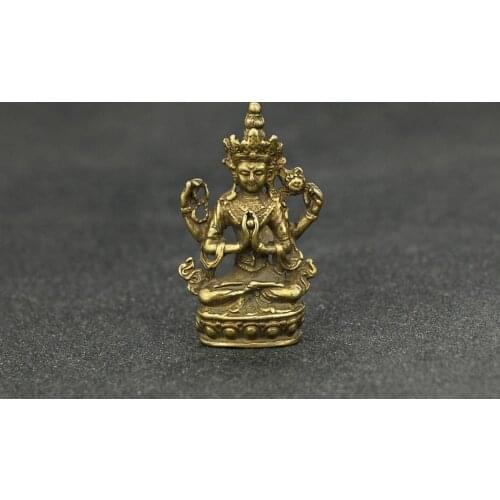 Antique Handmade Brass Buddha statue figure four-arms Guan Yin craft ornament Miniature desktop decoration accessories a3604