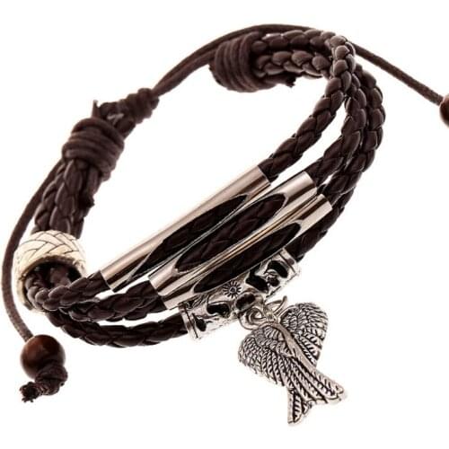 Fashion Vintage Braided Leather Wrap Bracelet Alloy Wings Feather Charm Multilayer Cuff Bangle Wristbands Men Women Jewelry Gift