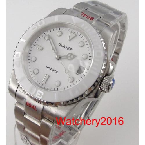 BLIGER 40mm White Dial Luminous Marks Men Mechanical Watch NH35A MIYOTA 8215 Movement Brushed Oyster Strap Adjustable Clasp