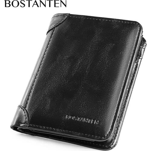 BOSTANTEN Mens Oil Wax PU Leather Tri-fold Wallets Vertical Wallet For Men
