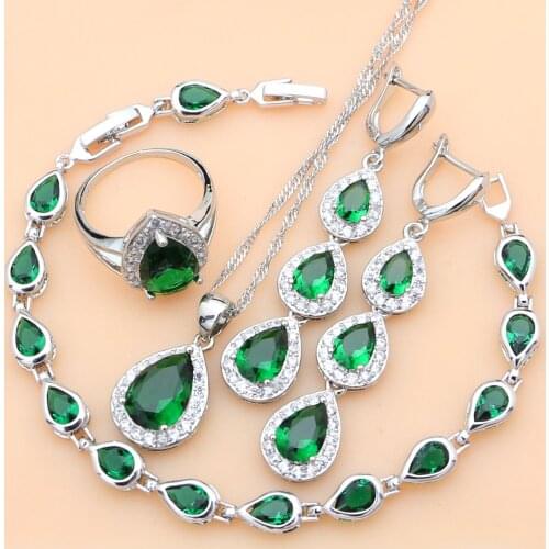 925 Sterling Silver Water Drop Green Created Emerald White CZ Women Jewelry Sets Earrings/Pendant/Necklace/Rings/Bracelet