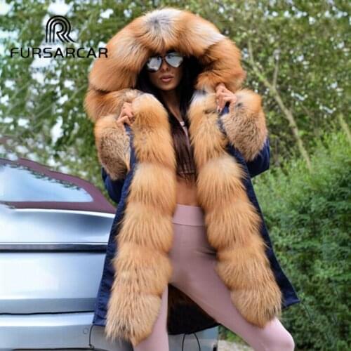 FURSARCAR New Real Fur Parka Women Winter Thick Coat With Long Gold Fox Fur Collar And Cuff Fashion Female Fox Fur Parka