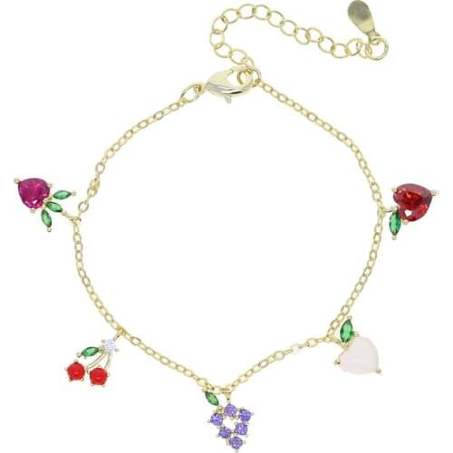 New Fruits Cherry Apple Strawberry Grape Peach Charm Bracelet Gold Color Chain cute Fruit Basket Sweet Women Fashion Jewelry