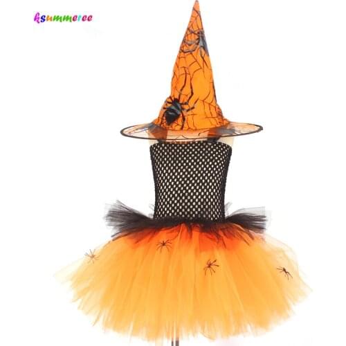 Orange Black Girls Witch Tutu Dress with Hat Kids Halloween Cosplay Party Costume Handmade Children Spider Tulle Dress 2-12Y