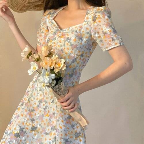 Floral French Dress Elegant Women 2020 Summer V-Neck Short Sleeve Fairy Dress Print Chic Retro Sweet One-piece Dress Korean