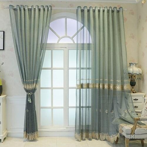 Simple Modern Curtains Nordic Luxury Embroidered Window Gauze Curtain for Living Room Lake Blue Sheer Curtain Bedroom Curtains