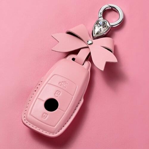 Luxury design key case Suitable for Mercedes-Benz E-class female product bowknot Metal key ring with car leather key cover Pink
