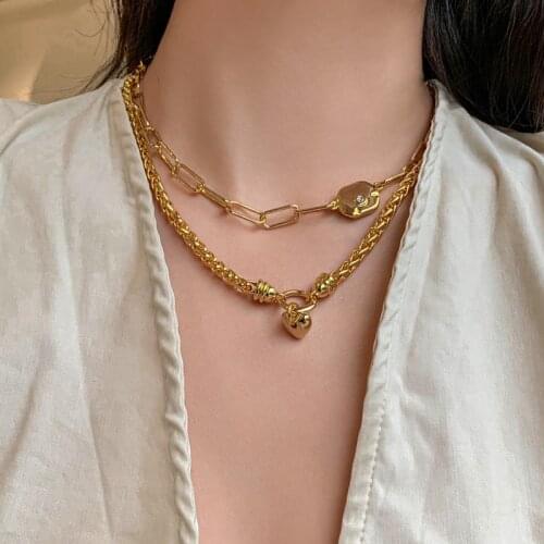 TIMRONLY Korean Double Layers Heart Pendant Necklaces Golden Hollow Chunky Curb Chain Necklace for Women Lady Charm Jewelry