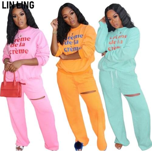 LINLING Spring Loose Round Neck Lettered Print Top with Drawstring Pierced Straight Pants Workout Casual Outfits
