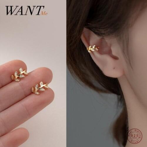 WANTME 925 Sterling Silver Chic Zircon Charms Leaf Ear Clip Earrings for Women Teen No Piercing Ear Cuff Clip Body Hoop Jewelry