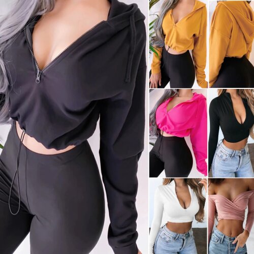 Women Autumn Spring Tops Drawstring Hooded Long Sleeve Hoodie Sweatshirts Zip Up Crop Casual Jacket Zipper Coat Outwear
