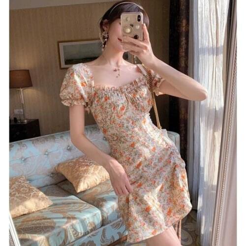 Women French Style Puff Sleeve Chiffon Party Dresses Summer Floral Dress Casual Korean Style Clothes Vintage Retro Dress 2021