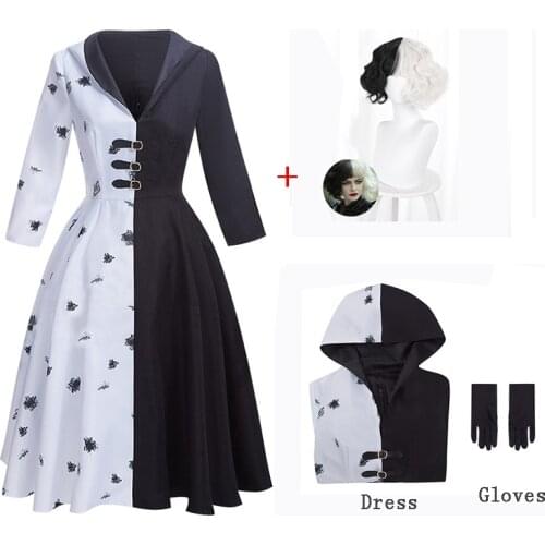 Anime Cruella De Vil Cosplay Costume Movie Adult Women Gown Black White Maid Dress with Gloves Hoodie Skirt Halloween Party
