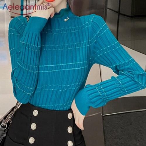 Aelegantmis Korean Slim Sweater Female Strip Fashion Pullover Sweater Knitted Women Elegant Design Vintage Tops Autumn All Match