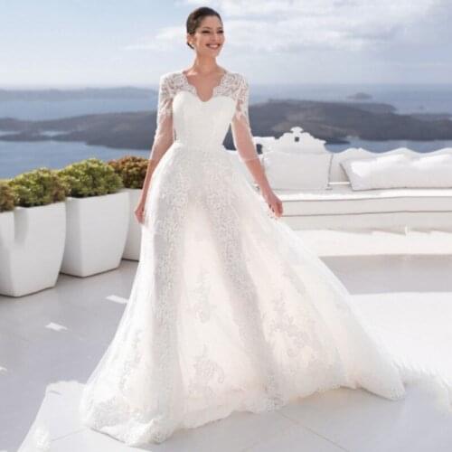 Thinyfull Elegant Boho Three Quarter Wedding Dresses V Neck A Line Sweep Train Bridal Gown Tulle Lace Appliques Vestido De Novia