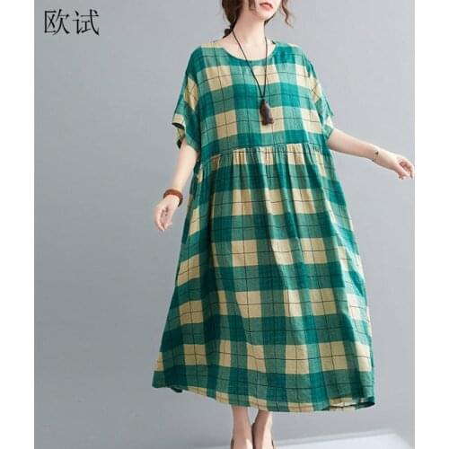 Plus Size Plaid Vintage Summer Dress Women Dress Oversized Cotton Long Ladies Dresses Loose Casual Korean Dress 2021 4XL 5XL 6XL