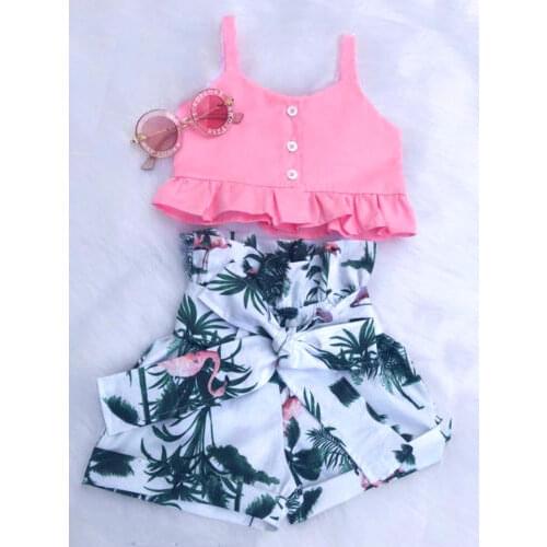 US Stock Flamingo Kids Baby Girl Floral Vest Crop Top Short Pants Outfit Clothes