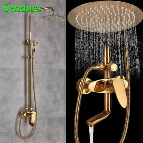 Senducs Gold Bath Shower Set Round Top Shower Quality ABS Hand Shower with High Quality Brass Bathroom Shower Set
