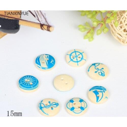 100 PCs Wholesale Natural Wooden Round Buttons Blue Nautical Design Scrapbooking Sewing Accessories DIY Craft 2 Holes 15mm