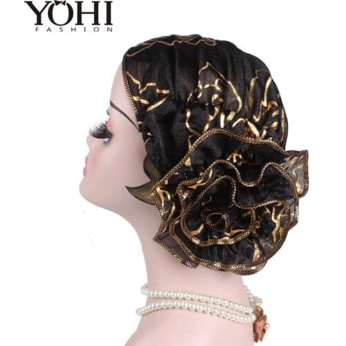 2018 Hot Sale Women Elegant king Flower Elastic Mesh Turban Chemo Cap Beanie Head Wrap Head Muslim Scarf