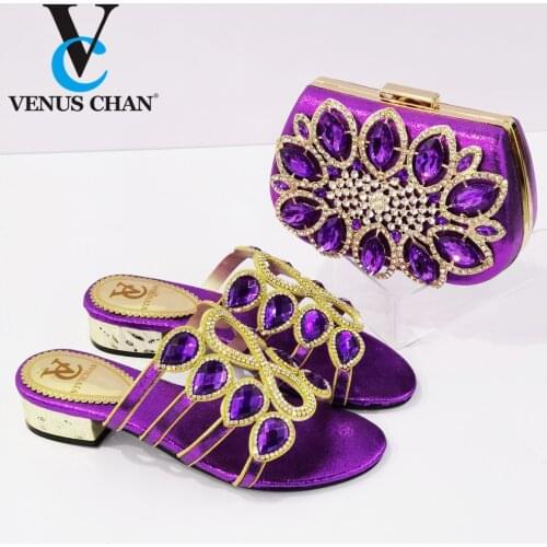 2021 NEW Afrcian Hot Selling Italian Design Nigerian Women Shoes and Bag Set Decorated With Rhinestone in Purple Color for Party