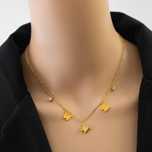 316L Stainless Steel 2 Layer Matte Butterfly Zircon Charms Chain Choker Necklace For Women Fashion Fine Jewelry Birthday Gift