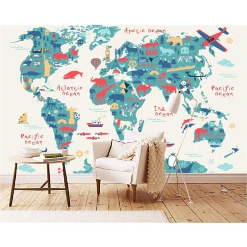 Beibehang 3d wallpaper cartoon version of the world map childrens room backdrop kindergarten engineering mural 3d wallpaper