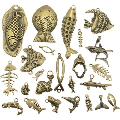 40g Antique Bronze Plated Zinc Alloy Random Mix Styles Fish And Fishbone Charm For DIY Jewelry Making
