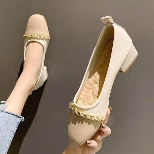 Metal Chain mixed color grandma shoes women shallow slip on flats woman office moccasins square toe low heels loafers female2021