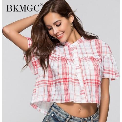 BKMGC 2019 Original Design Women Summer Blouse White Plaid Loose Casual Mini Top Shirt Blouse Sexy Summer Clothing