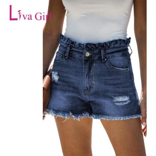 LIVA GIRL Casual High Rise Ruffled Denim Shorts with Pockets Woman Summer Hole Hot High Waist Jeans Short Female Bottoms S-XL