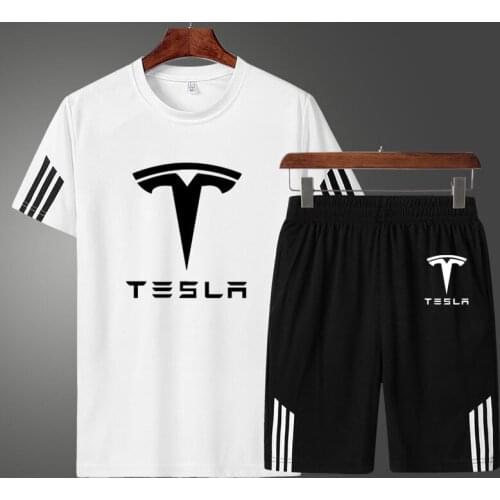 High Quality Summer Tesla car Logo Printing Mens T-shirt Fashion Casual Cotton Mens short sleeve + shorts two-piece suit