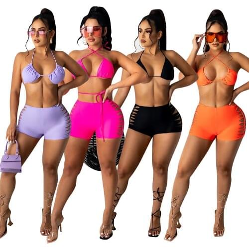 Bikini Suit 2021 Summer Hollow Out 2 Piece Set Halter Backless Bra + Skinny Biker Shorts Solid Sporty Swimsuit Beach Bathing Set