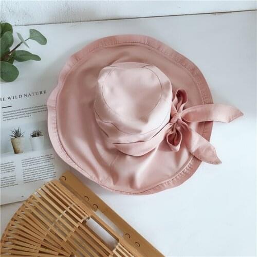 Summer Women Hats Solid Color Caps New Fashion Bow Knot Fisherman Hat Basin Cap Folding Sunscreen Super Large Visor