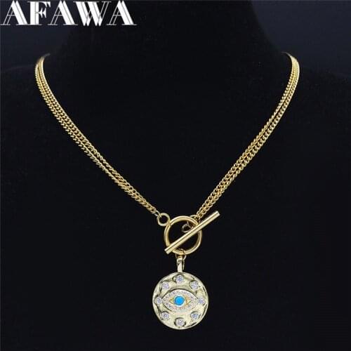 Stainless Steel Copper Crystal Chokers Necklaces Women Gold Color Round Islam Turkey Eyes Necklace Jewelry ojo turco NPW4S02