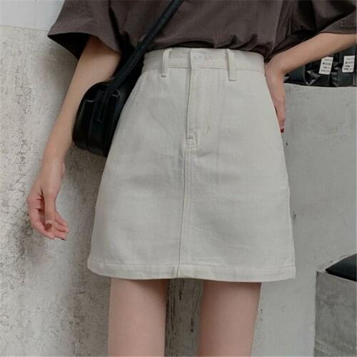 Summer Korean Casual High Waist Mini A-Line Women Denim Skirt Vintage Female Pockets Solid Empire Above Knee Slim Skirts