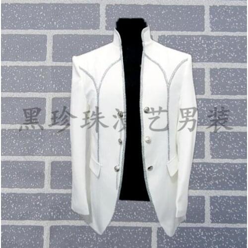 White men suits designs masculino homme stage costumes for singers men blazer dance clothes jacket style dress stand collar