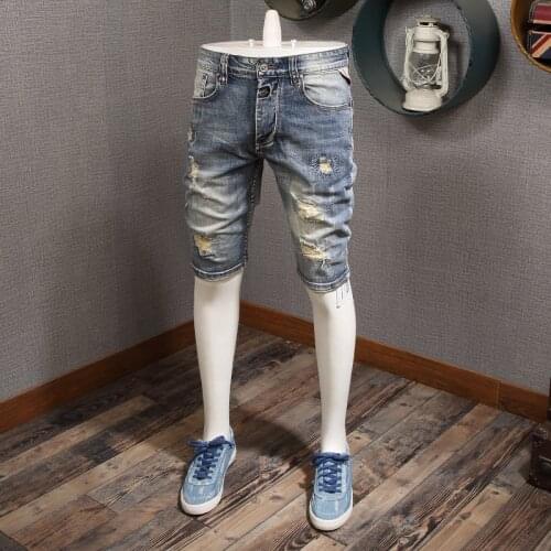 Men Distressed Ripped Patch Jeans Shorts Summer Light Blue Straight Slim Fit Mens Denim Shorts