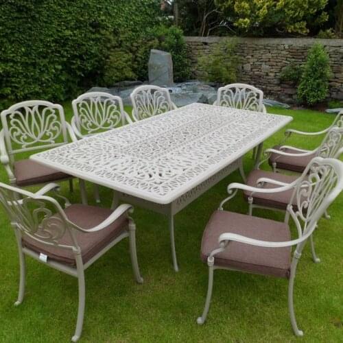 Set of 9pcs All aluminum dining set for outside with long table and armchair chair patio set for hotel ,garden in white color