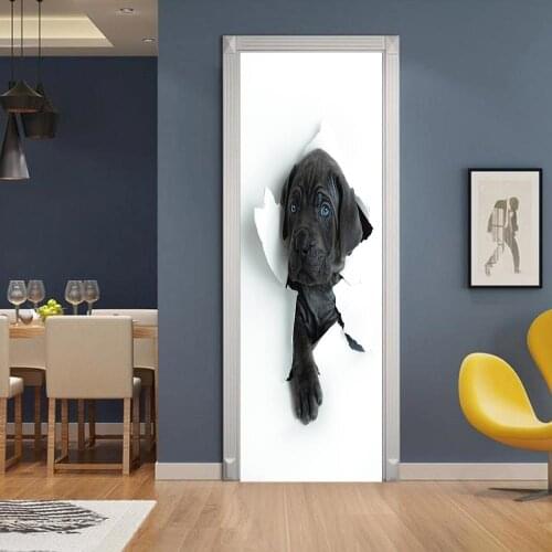 Cute Dog Door Stickers Bedroom Decoration Waterproof Self-Adhesive Two-Piece Set Door Decals Home Decoration Broken Wall Art