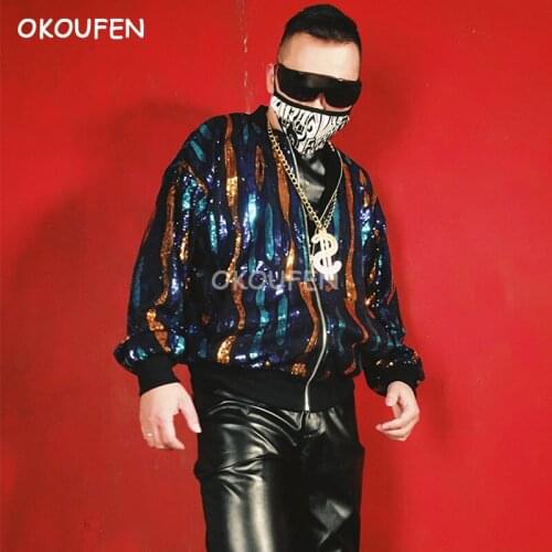 Nightclub bar singer DJDS stage fashion rainbow sequins baseball jacket clothing hairdresser show show costumes