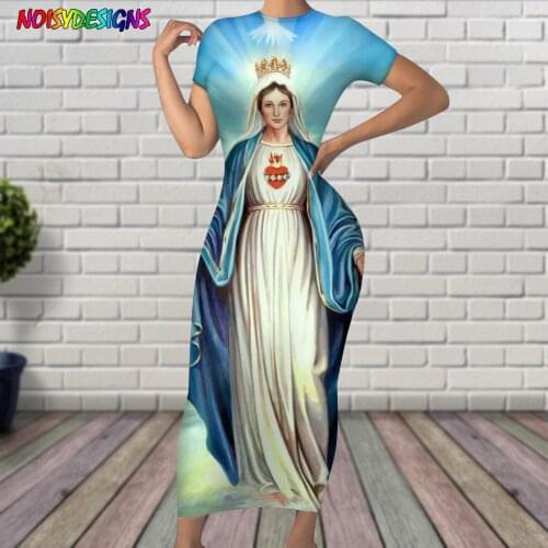 NOISYDESIGNS Women Short Sleeve Dress Maria Mother of God Printed Bodycon Dresses Elegant Slim Dress for Evening Party Club Wear