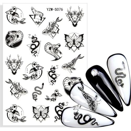 2021 New Black White Nail Tattoos Slider Snake Animal Design Manicure Elk Wolf Butterfly Nail Decals Water Wraps Accessories