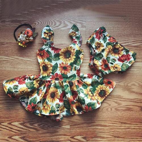 Newborn Kids Baby Girls Summer Sunflower Outfit Tops Dress+Panties Backless Bandage Top Clothes Set