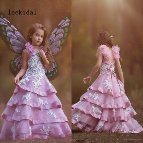 Princess A Line Pink Girls Pageant Dresses White Lace Appliques Beaded Organza Tiered Ruffles Lovely Kids Flower Girls Birthday