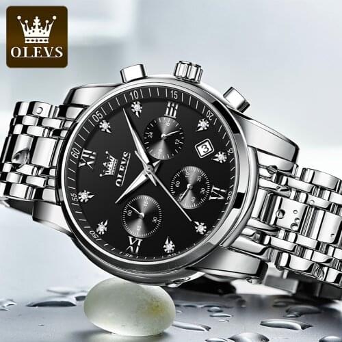 Direct Selling OLEVS Brand Classic Black Dial Waterproof Chronograph Calendar Watch All-steel Quartz Multi-Function Mens Watch