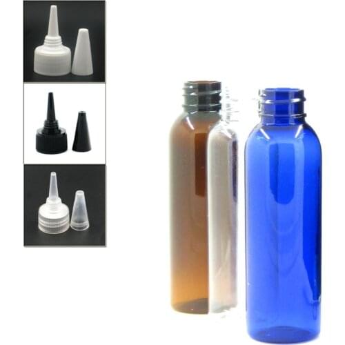 60ml empty cosmo round clear pet bottle with transparent/black/white Twist Top Caps pointed mouth top cap X 5
