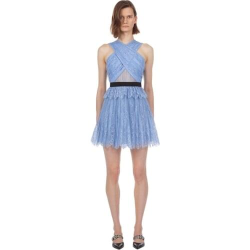 Embroidery Eyelash Lace Ruffle Tiered Maxi Dress Chiffon Cross Bandage Sleeveless Overlay Dress Jacquard Sheer Crepe Tulle Dress