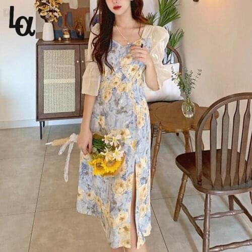 Luck A Summer Elegant Floral Dresses Women French Vintage Split Designer Sweet Dresses Casual Puff Sleeve Party Midi Dress 2021